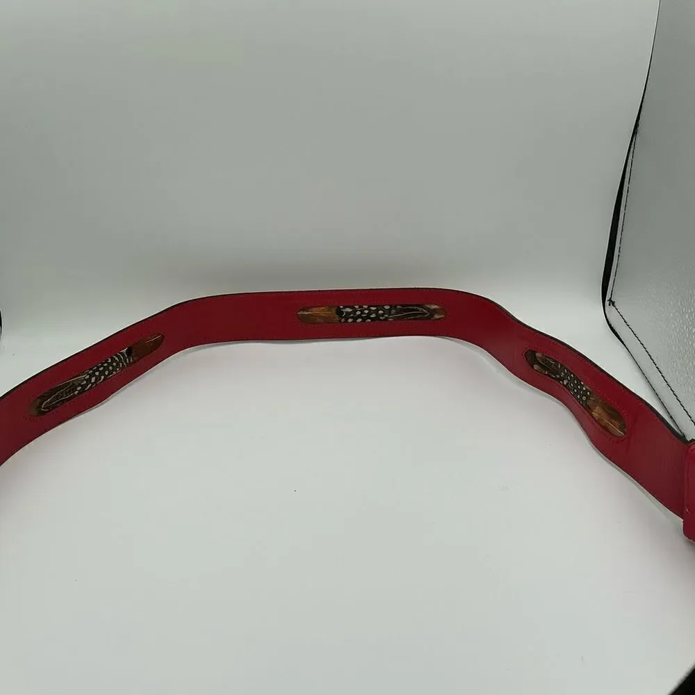 Red Rondina leather belt with feather inlays
